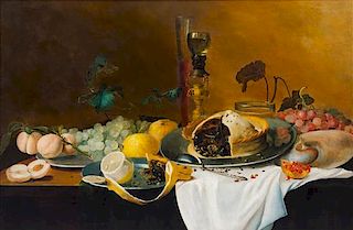 Continental School, (20th century), Still Life with Fruit and Pie on a Pewter Plate