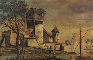 Artist Unknown, (Continental, 18th/19th century), Two pairs of paintings: Harbor, Landscape with Ruins, House on Island with Foo