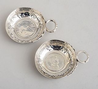 TWO FRENCH COIN-MOUNTED SILVER WINE TASTERS