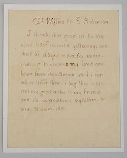 WYTHE, GEORGE: A LETTER FROM GEORGE WYTHE TO EVERARD ROBINSON