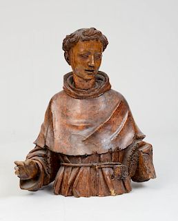 SIENESE RENAISSANCE STYLE CARVED WOOD BUST OF A MONK SAINT