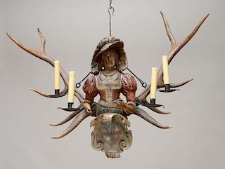 AUSTRIAN PROVINCIAL PAINTED WOOD AND ANTLER FOUR-LIGHT CHANDELIER