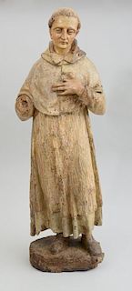 ITALIAN RENAISSANCE CARVED AND PAINTED WOOD FIGURE OF A MONK