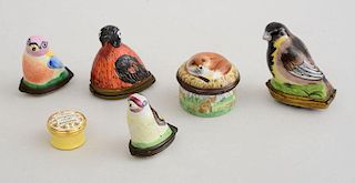 THREE ENAMEL BIRD-FORM BOXES, A PORCELAIN BIRD-FORM BOX, A HALCYON DAYS BOX WITH FOX, AND ANOTHER WITH SAYING
