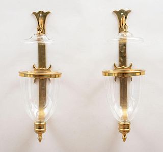 PAIR OF REGENCY STYLE BRASS WALL LIGHTS WITH GLASS SHADED AND SMOKE LIDS