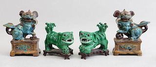 PAIR OF CHINESE GREEN-GLAZED POTTERY FIGURES OF FU DOGS AND A PAIR OF GLAZED POTTERY DOGS