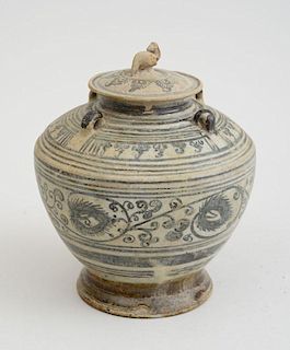 SOUTHEAST ASIAN BLUE-DECORATED POTTERY JAR AND COVER