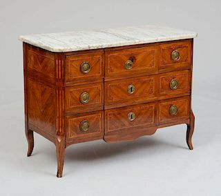 LOUIS XV/XVI GILT-METAL-MOUNTED TULIPWOOD AND FRUITWOOD PARQUETRY COMMODE