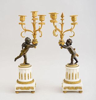 PAIR OF LOUIS XVI STYLE GILT-BRONZE, PATINATED-BRONZE AND MARBLE FIGURAL CANDELABRA