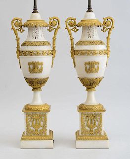 PAIR OF LATE EMPIRE ORMOLU-MOUNTED MARBLE URNS, MOUNTED AS LAMPS