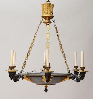 EMPIRE STYLE PATINATED AND PARCEL-GILT METAL SIX-LIGHT CHANDELIER