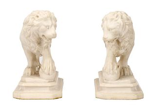 Mirrored Pair of Carved Alabaster Medici Lions