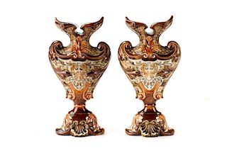Pair of Majolica Shell And Leaf Motif Vases