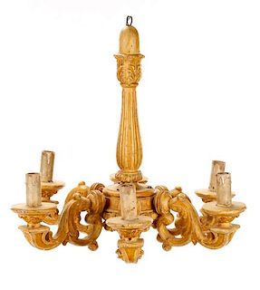 French Yellow Polychrome Wood 6 Light Chandelier