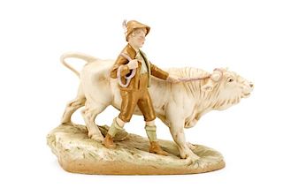 Royal Dux Porcelain Figural Group, Boy with Bull
