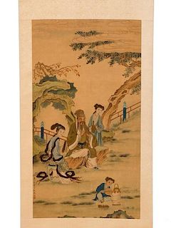 Chinese Scroll Painting on Silk, Figures in Garden