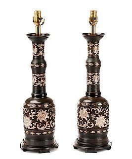 Pair of Japanese Bronze & Cloisonne Lamps