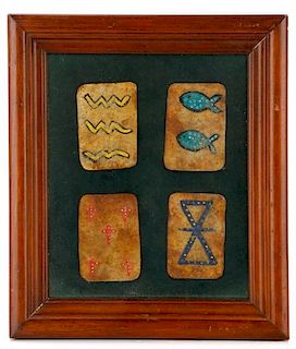 Four Framed Native American Hide Playing Cards