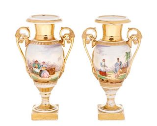 Pair of Old Paris Figural & Gilt Porcelain Urns
