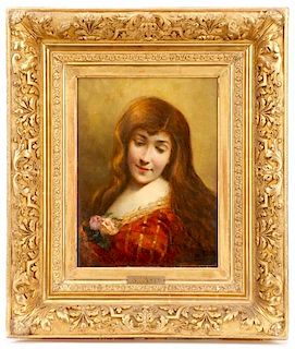 Angelo Asti Portrait of A Lady with Roses, Signed