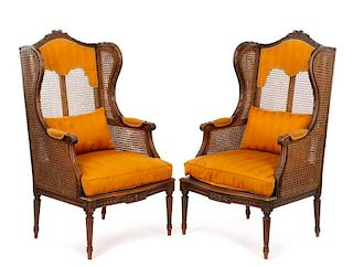Pair, 19th C. French Caned Walnut Winged Bergeres