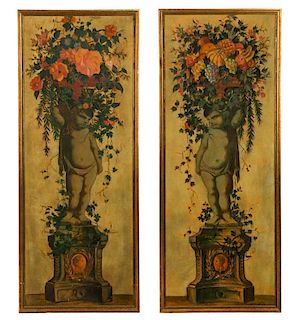 Pair of Hand Painted Panels, Cherub With Topiary