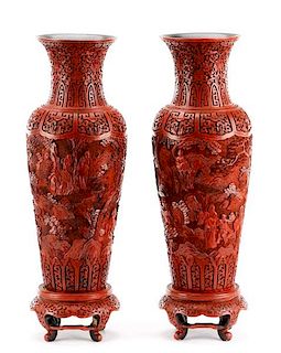 Pair of Ornate 19th C. Cinnabar Vases on Stands