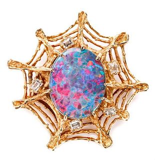 Custom Opal Doublet & Diamond Spider Web Brooch