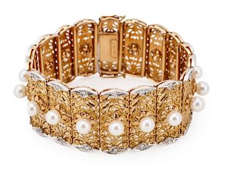 Italian 18k Gold Pearl & Diamond Bracelet