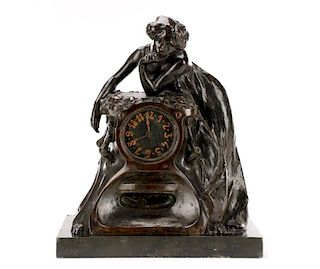 Art Nouveau Bronze and Onyx Mantle Clock, Signed