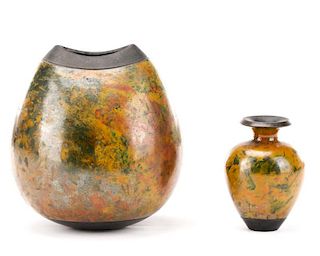 Two Andrew Hill Raku Ceramic Miniature Vases