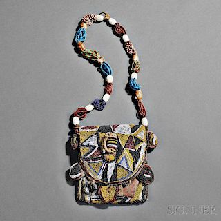 Yoruba Beaded Cloth and Leather Diviner's Bandolier Bag