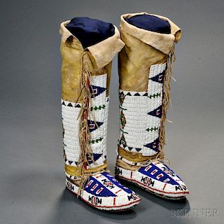 Lakota Woman's Fully Beaded Moccasins with Attached Leggings