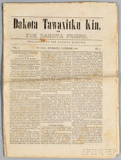 Copy of the First Written Newspaper in the Dakota Language, "Dakota Tawaxitku Kin or The Dakota Friend,"