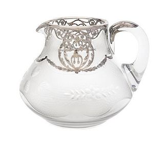 * A Sterling Overlay Clear and Wheel Cut Pitcher Height 6 inches.