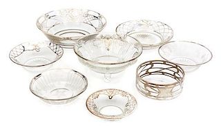 * A Group of Silver Overlay Glass Bowls Diameter of largest 8 1/8 inches.