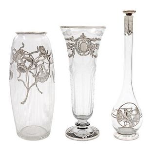 * Three Silver Overlay Glass Articles Height of first 12 inches.