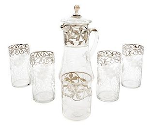 * An Assembled Silver Overlay Engraved Glass Drinking Set Height of pitcher 9 3/8 inches.