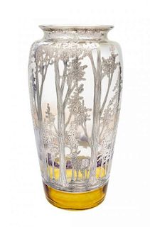 * A Large Rockwell Silver Overlay Glass Landscape Vase Height 14 1/8 inches.