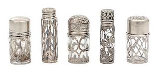 * A Group Five Silver Overlay Glass Scent Bottles Height of tallest 2 5/8 inches.