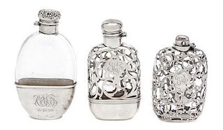* Three Silver Overlay Glass Flasks Height of tallest 6 inches.