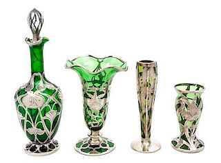 * Four Silver Overlay Glass Articles Height of tallest 10 inches.