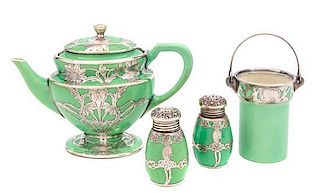 * Four Lenox Porcelain Silver Overlay Articles Height of teapot 6 inches.