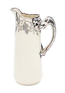 * A Belleek Willets Silver Overlay Ewer Height 9 1/2 inches.