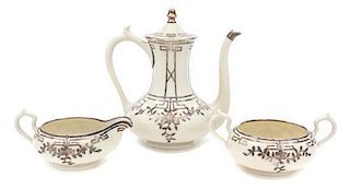 * A Belleek Willets Porcelain Silver Overlay Coffee Service Height of coffee pot 6 1/2 inches.