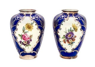 * A Pair of Alka Silver Overlay Porcelain Vases Height 5 3/4 inches.