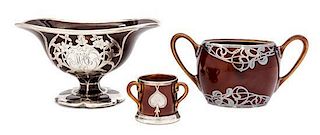 * A Group of Three Silver Overlay Staffordshire Articles Width of first 6 1/4 inches.