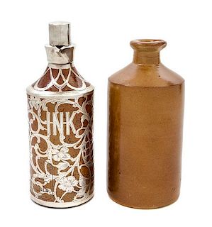* An English Bourne Denby Ceramic Silver Overlay Ink Bottle, retailed by Black, Starr & Frost Height of taller 8 1/4 inches.