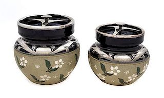 * Two H.C. Edmiston Ceramic Silver Overlay Tobacco Jars Height of taller 5 1/2 inches.