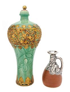 * A Ceramic Silver Overlay Bottle Height of first 4 7/8 inches.